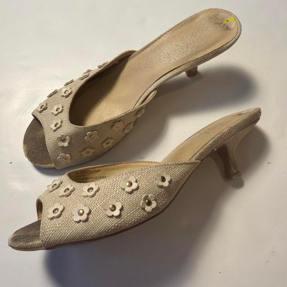 Sincerely Jules Kindley Flower Kitten Heel Peep Toe Mules Cream Tan 9